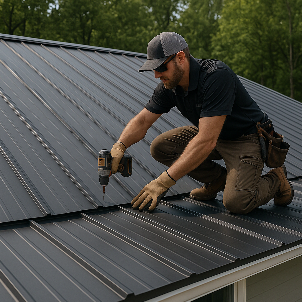 Instalación profesional de techos de metal con paneles limpios y duraderos que muestran la artesanía de calidad de Best Buy Metals